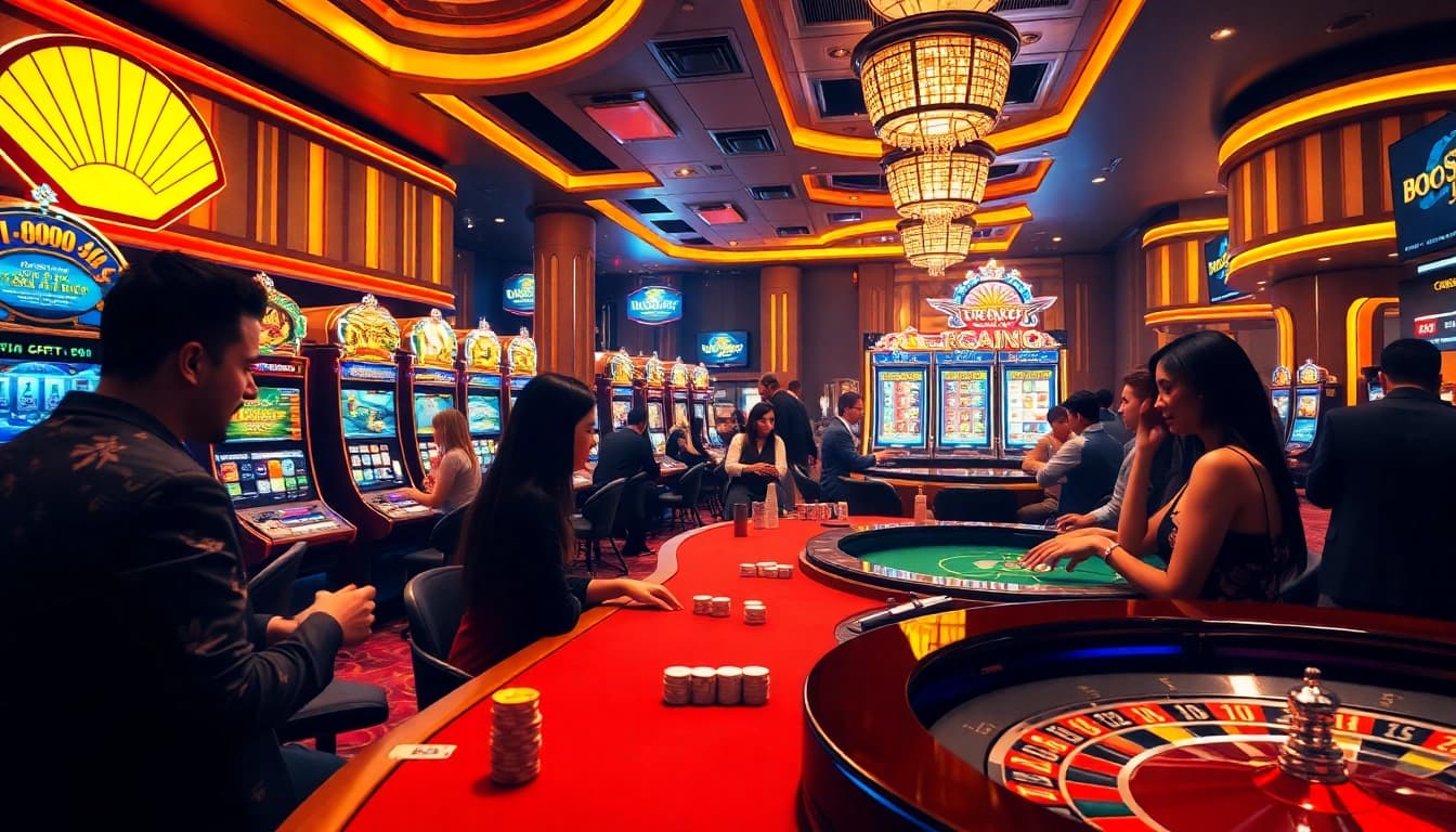 Players enjoying an exciting poker game at Boosterjp casino, showcasing vibrant chips and high-stakes atmosphere.