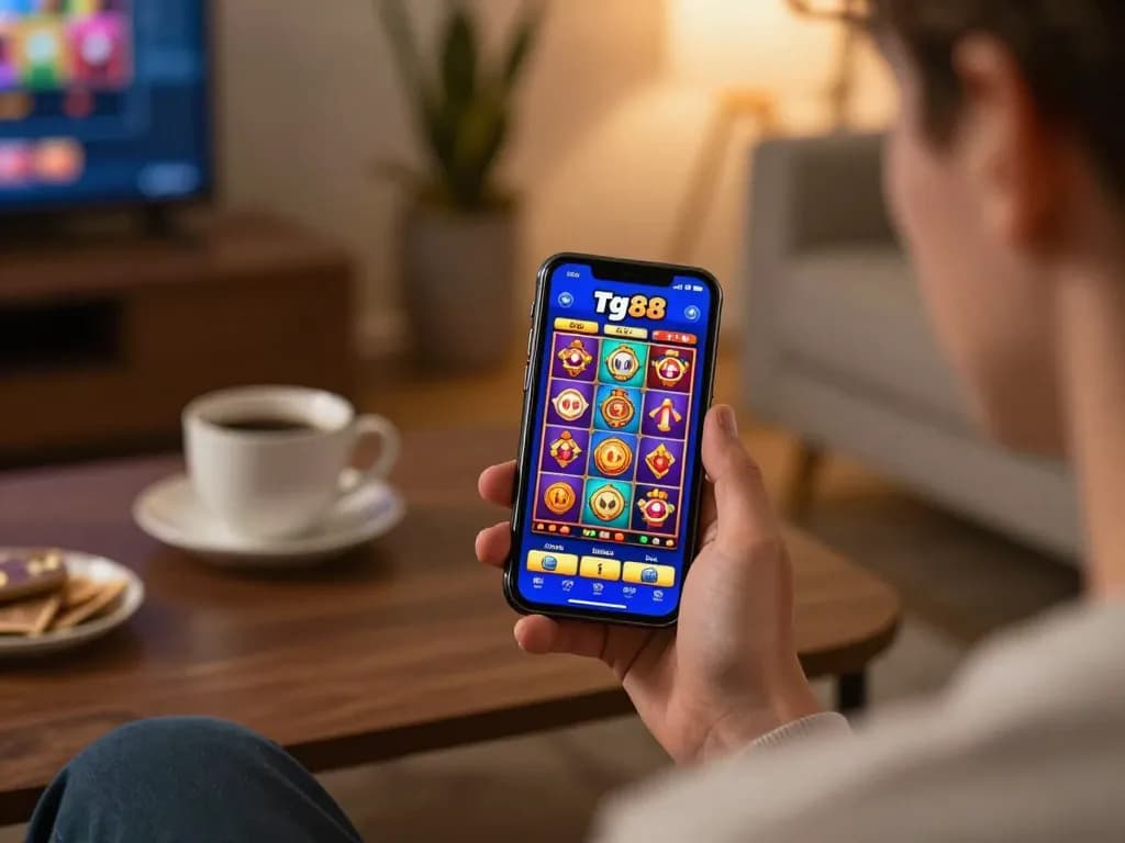Player enjoying tg88 casino app on smartphone at home, showcasing vibrant slot games.
