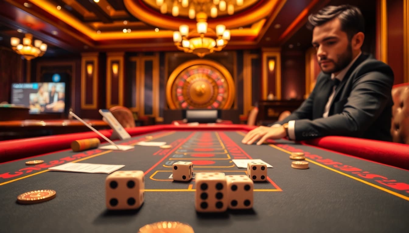 Play thrilling Evolution Gaming ไฮโล มือถือ at a luxurious casino table, complete with vibrant dice and chips.