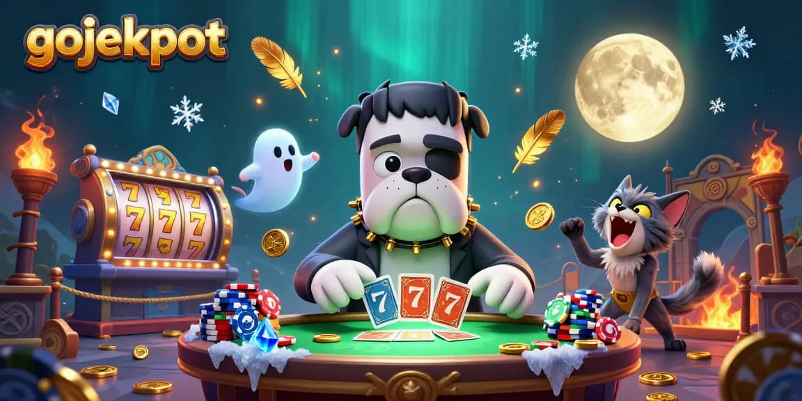 Experience gojekpot slots in this haunting 3D scene with vibrant characters and casino elements.