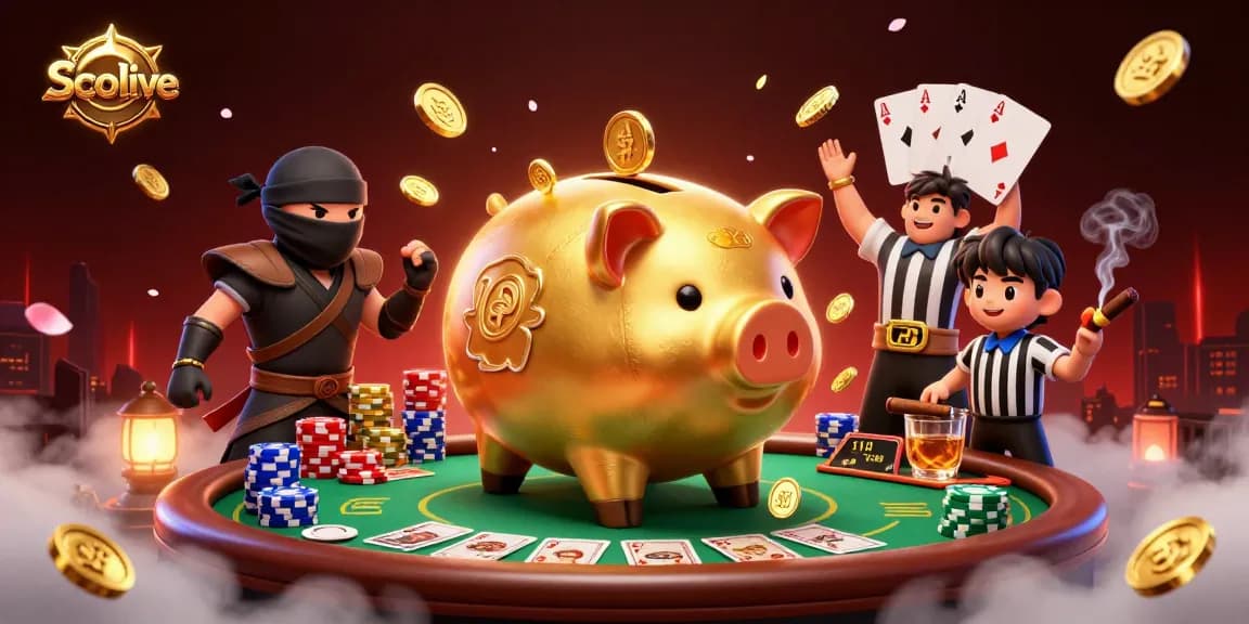 Socolive offers immersive betting experiences with dynamic illustrations of characters engaging around a rich poker table scene.
