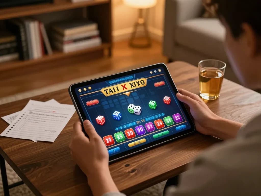 Engaging in tai xiu online at home, showcasing vibrant betting interface and strategic notes.