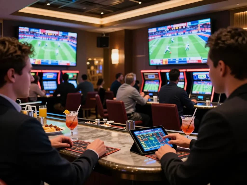 Engaging in tin soi kèo at a modern sports betting area in an upscale casino.