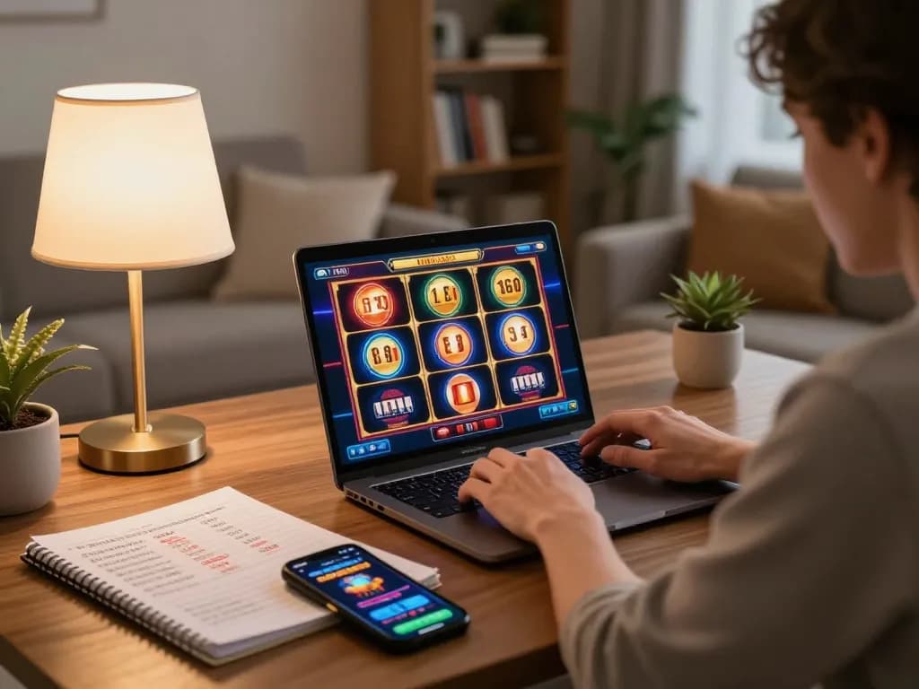 Person enjoying m116 casino slots on a laptop in a cozy living room.