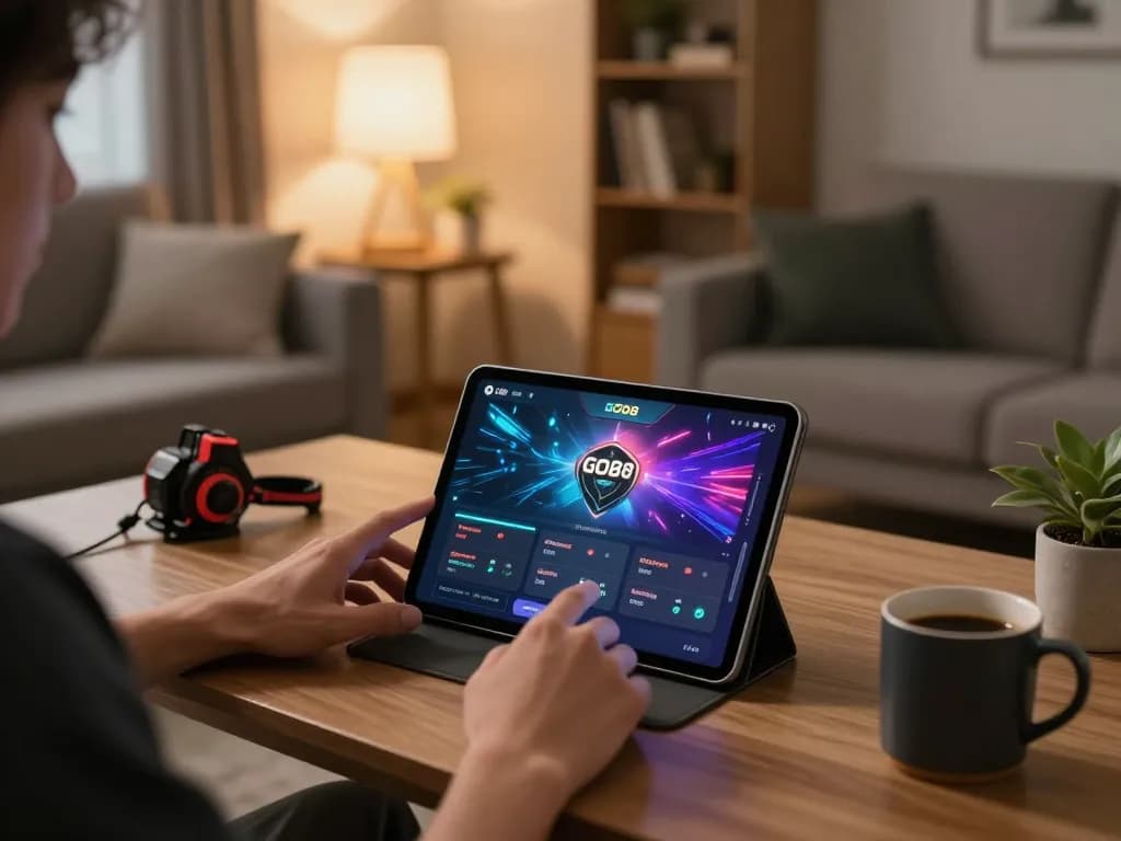 Engaged player using GO88 app on tablet in comfortable home gaming setup, demonstrating strategic gameplay.