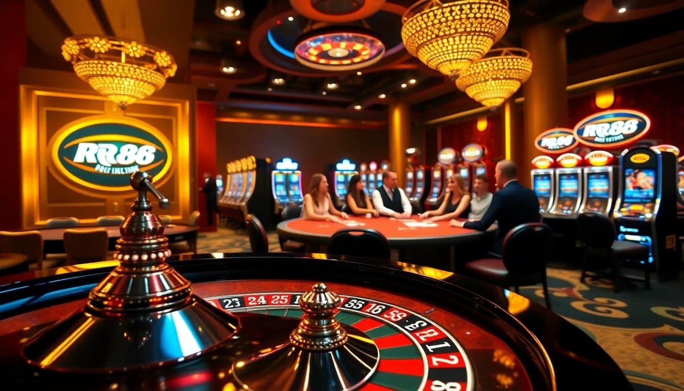 Experience the thrill of RR88 with vibrant casino visuals featuring roulette, poker, and slots.