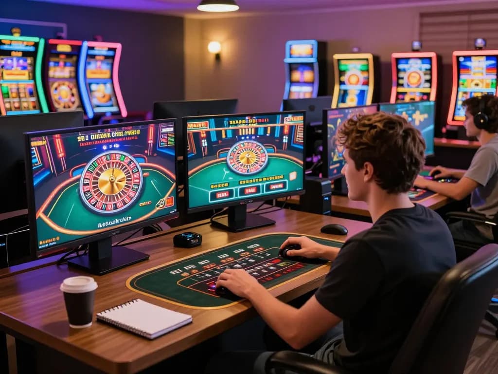 Pemain Ulat123 terlibat dalam permainan blackjack dealer langsung di beberapa layar, menampilkan pengaturan permainan modern.