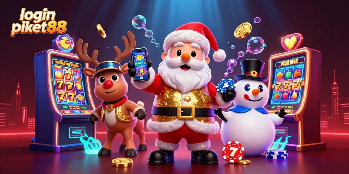 Spin the reels and win big with login piket88 in this vibrant casino illustration featuring Santa and friends.