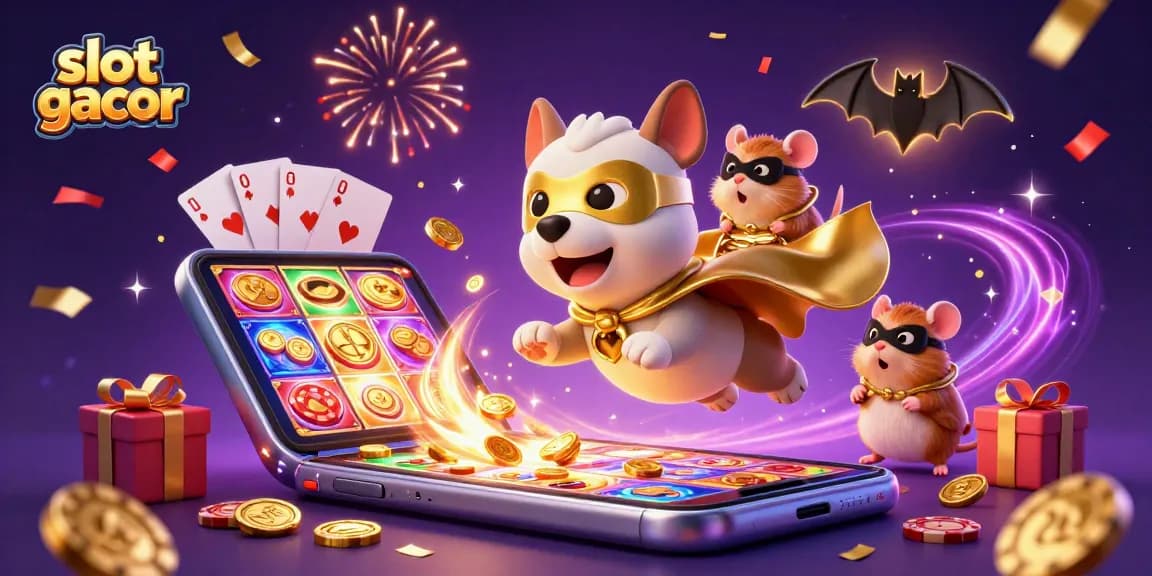 Slot gacor memperlihatkan anjing superhero 3D dengan koin emas terbang di kasino digital.