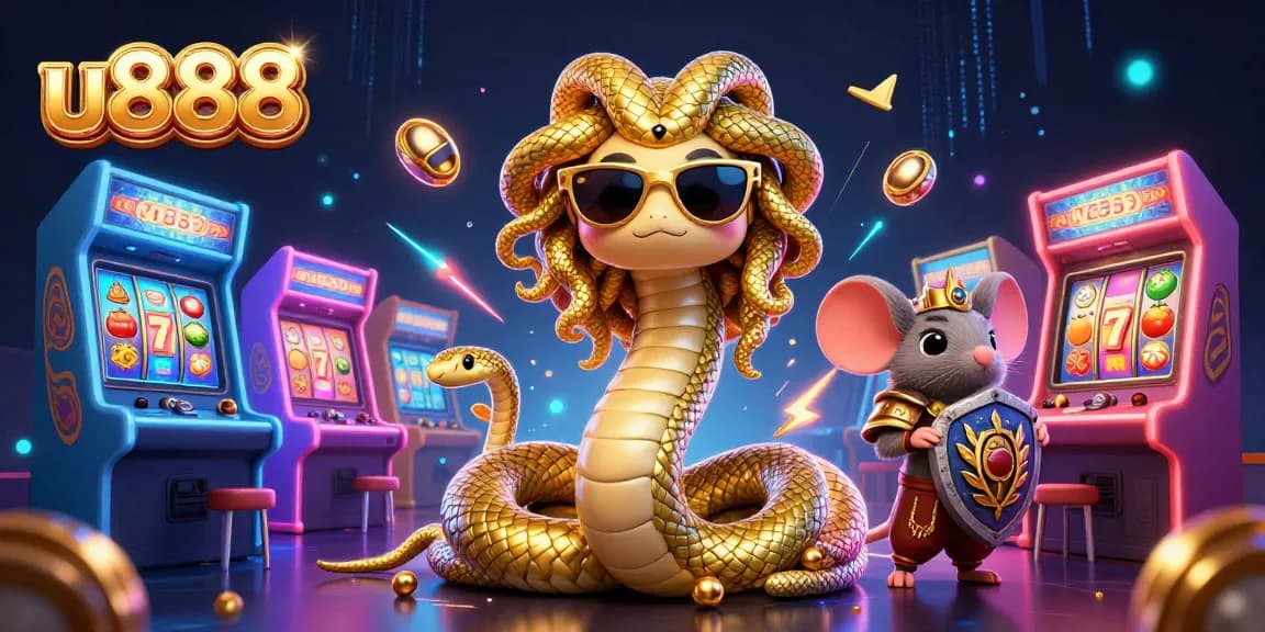 Experience the excitement of u888 with Medusa and a warrior mouse amidst vibrant casino elements.