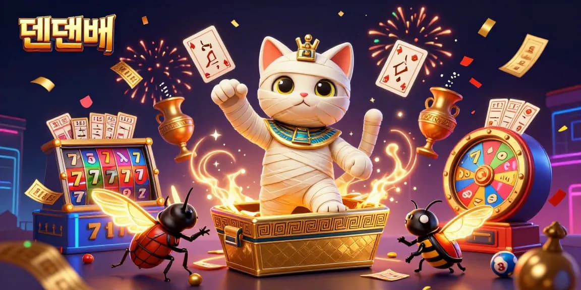 Experience thrilling gameplay with 텐텐벳 while a mummy cat and scarab beetle explore dynamic casino elements.