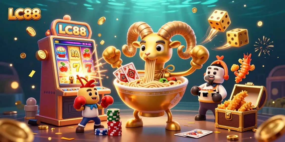 Engage with LC88's vibrant casino adventure featuring a golden ramen bowl and dynamic game elements.