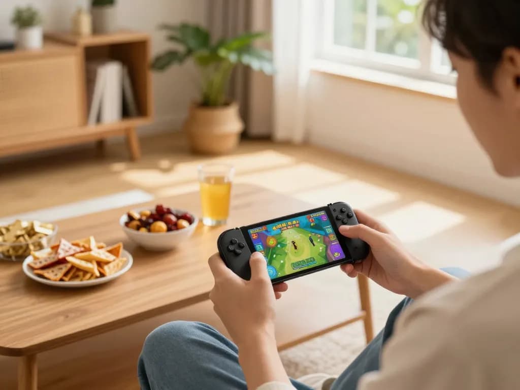 Playing the done55 game on a smartphone in a cozy home setting with snacks and drinks.