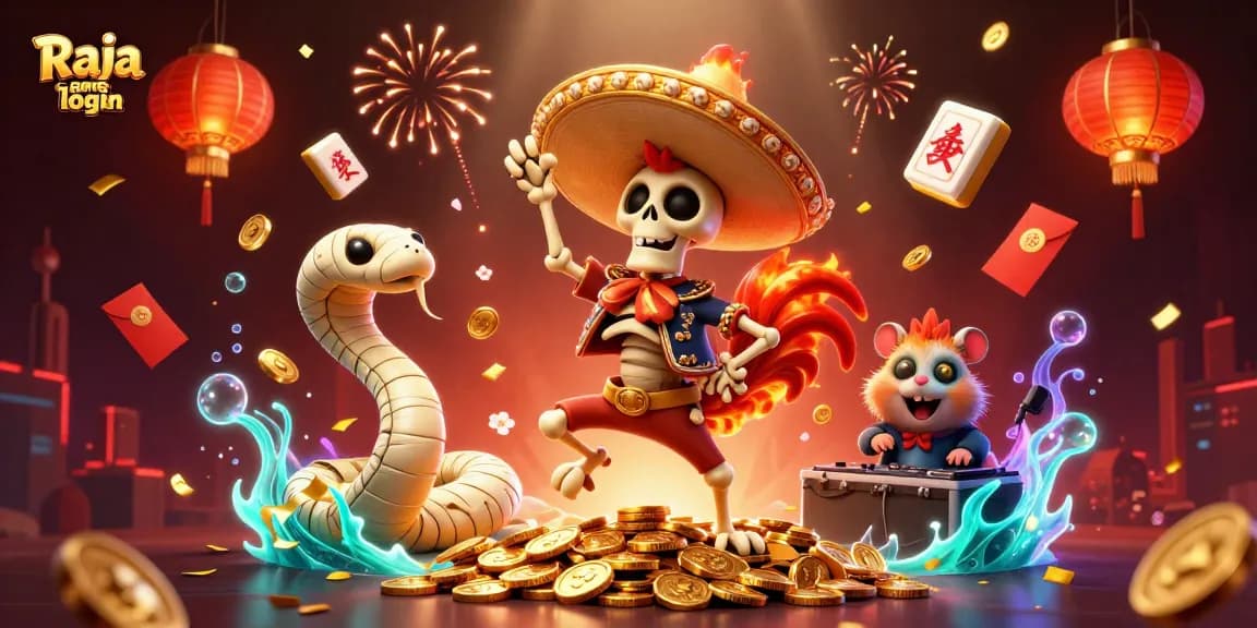 Join the adventure with Raja game login, featuring vibrant casino characters and festive gaming elements.