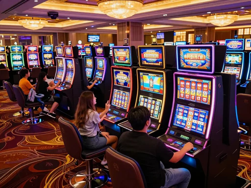 Players celebrating wins at colorful situs slot machines in a vibrant casino atmosphere