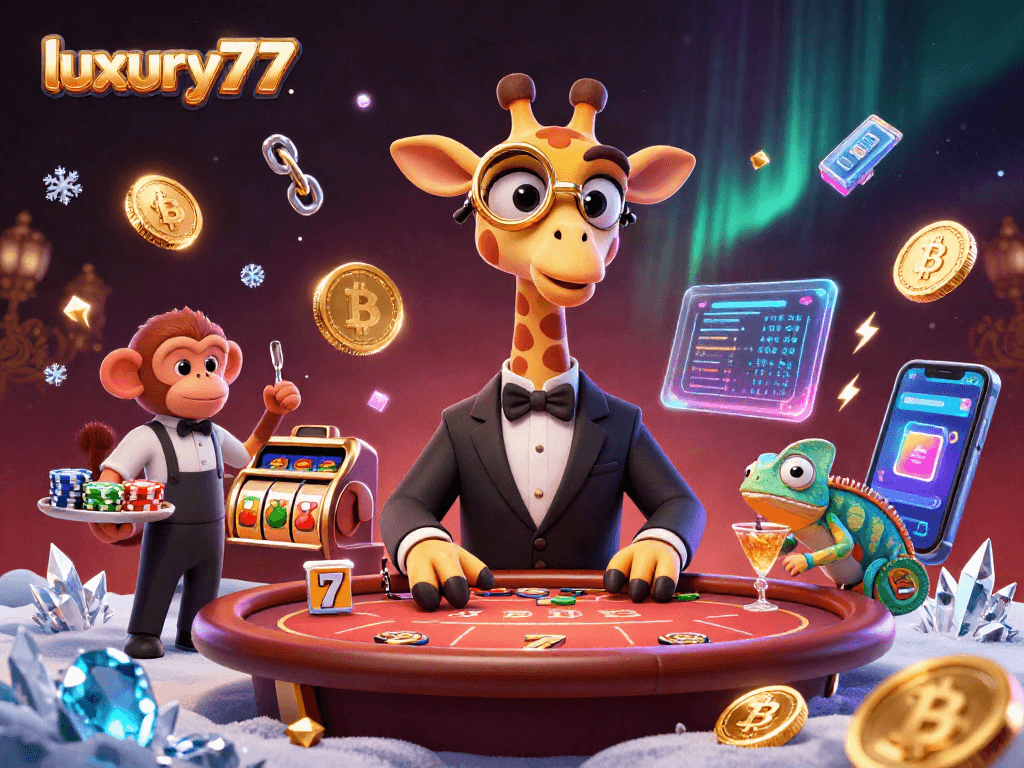 Gambarkan suasana bermain luxury777 dengan jerapah, monyet, dan bunglon di meja poker.