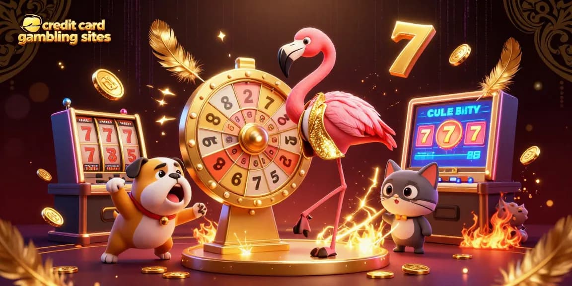 Explore exciting credit card gambling sites with vibrant characters and thrilling slot machine elements.