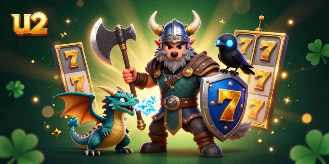 Action-packed U2 casino scene featuring a Viking warrior, dragon, and slot gaming elements.