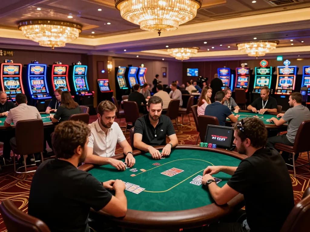 Engaged players in a z16 poker tournament making strategic bets at elegant casino tables.