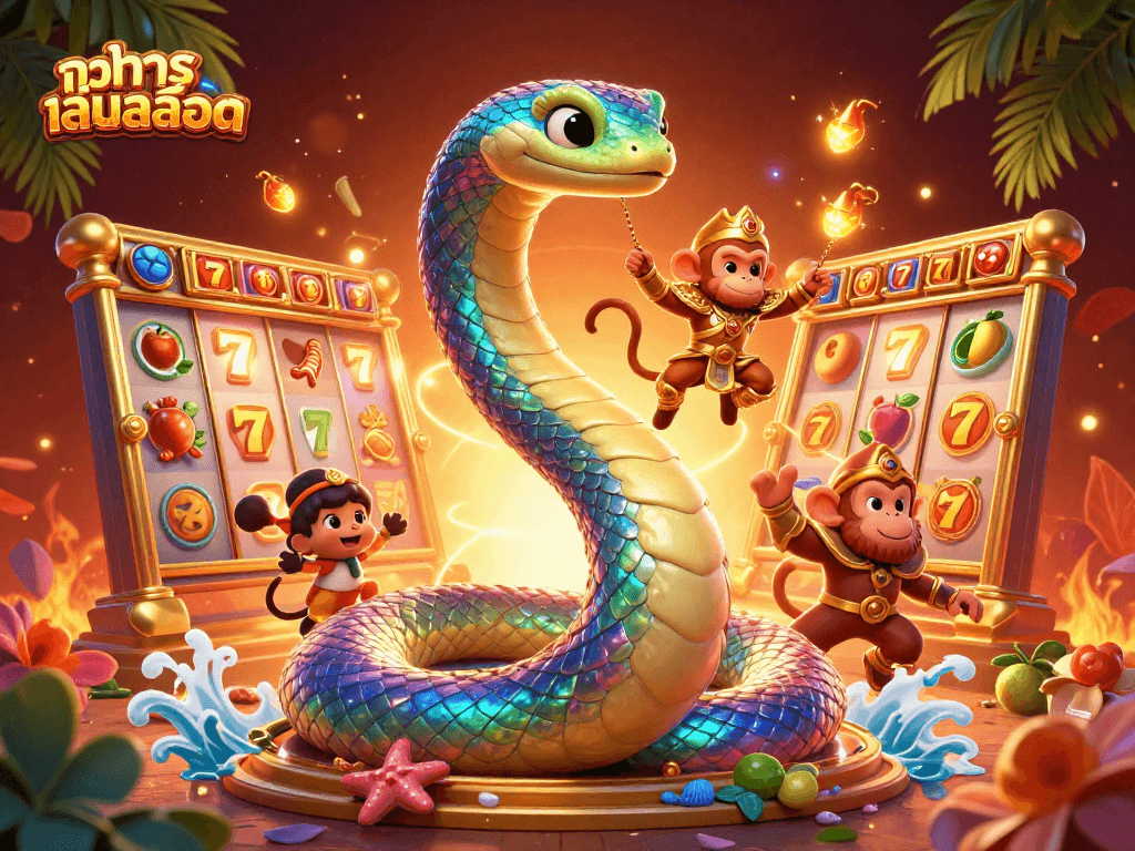 Spin and win with ทดลองเล่นสล็อต as a vibrant rainbow serpent coils around a golden pillar amidst slot symbols.