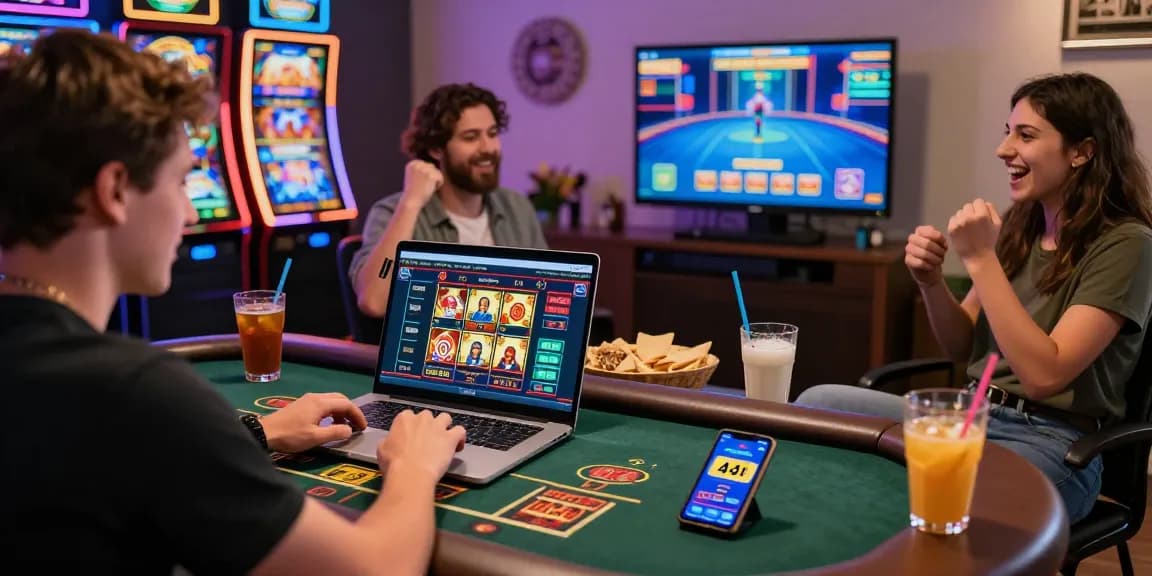 Engaging scene of UK players enjoying euf.co.uk credit card casino gaming in a vibrant living room.