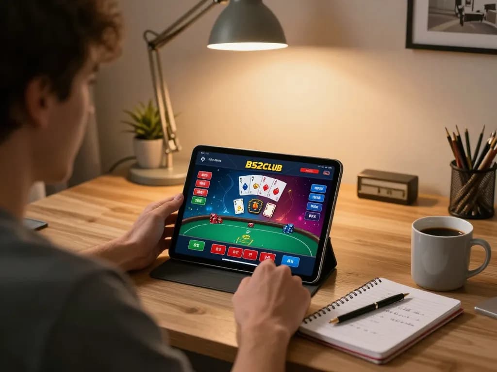 Người chơi B52club lập chiến lược cho một ván bài poker tại nhà, máy tính bảng hiển thị ứng dụng casino trong không gian ấm cúng.