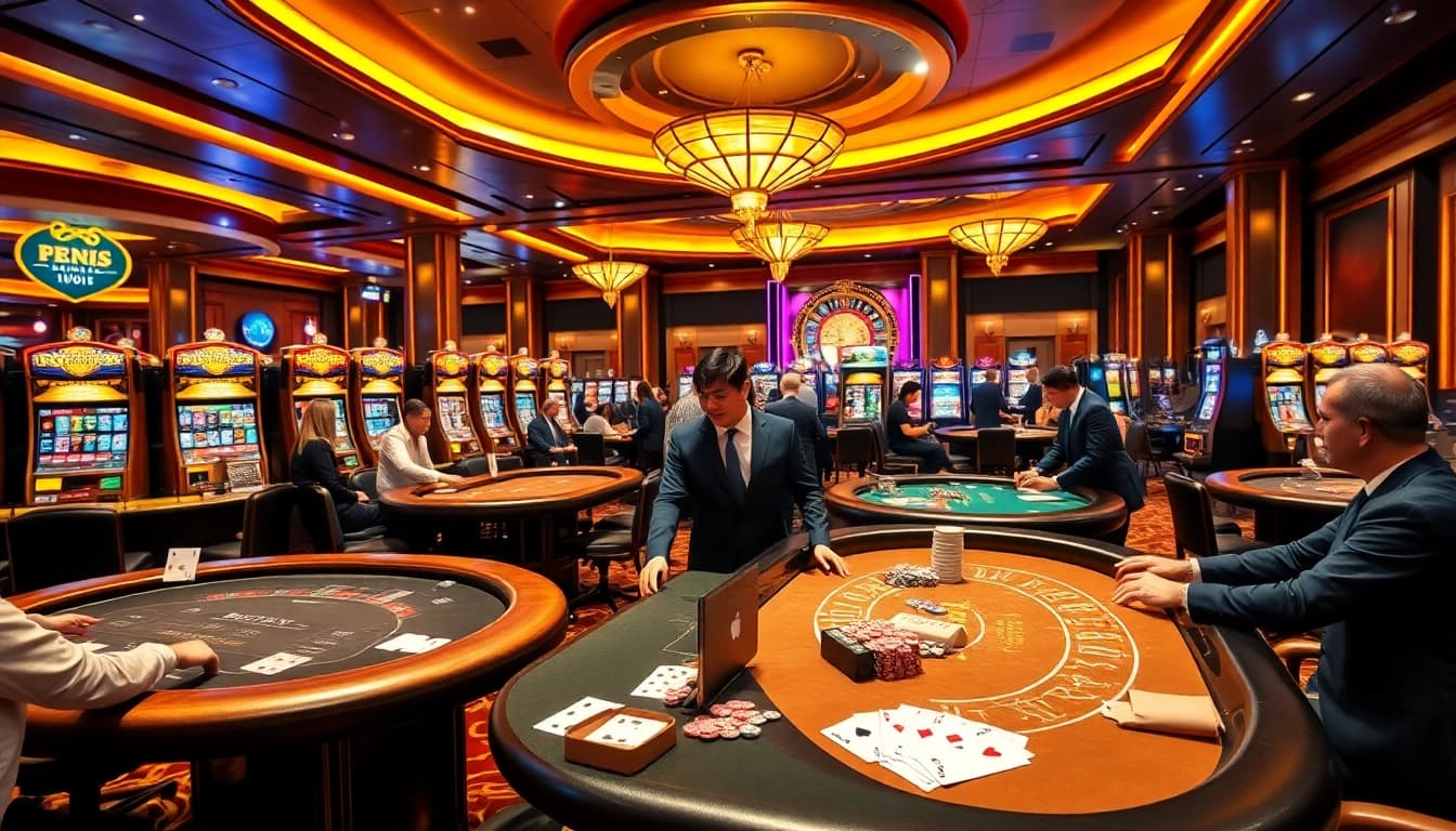Experience the thrill of playing casino online with vibrant gaming tables and excited players.
