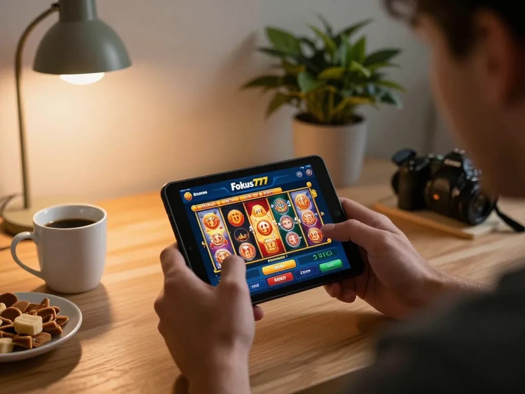 Player exploring Fokus777 slots on a mobile device in a cozy home setting.