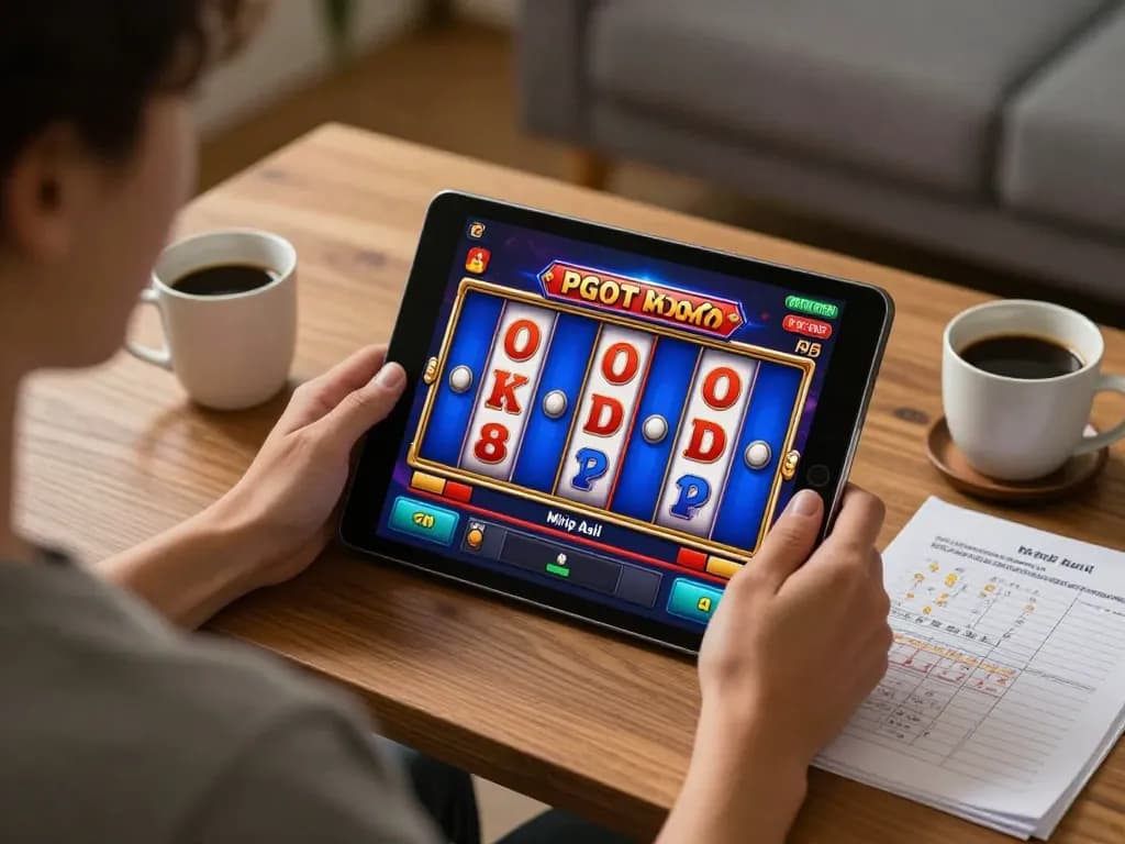 Berinteraksi dengan Slot Demo PG Soft Mirip Asli di tablet dalam pengaturan permainan rumah yang nyaman.