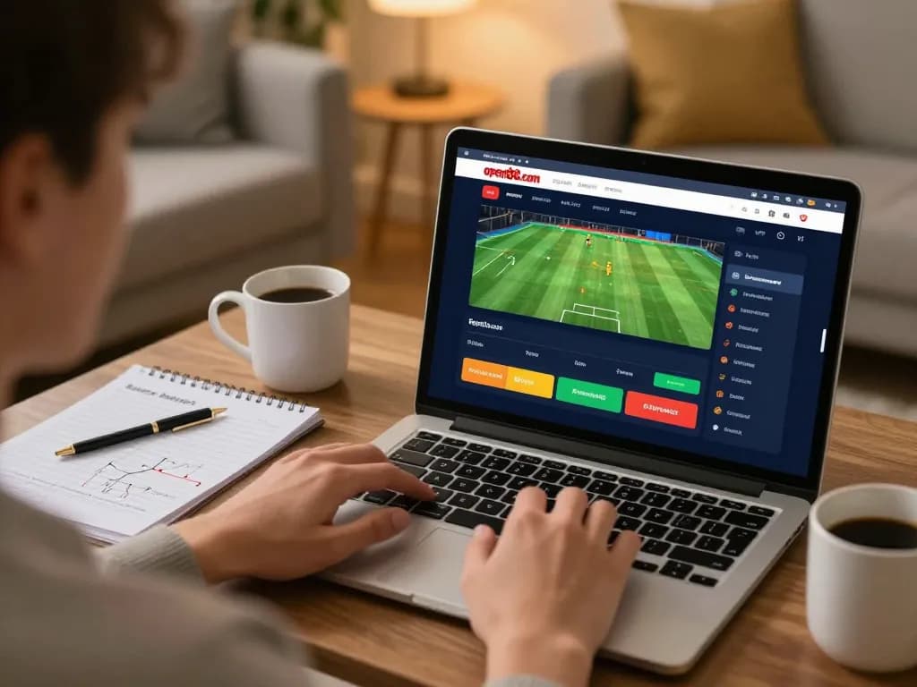 Engaging sports betting scene on open88.com showcasing a user analyzing strategies with laptop and notes.