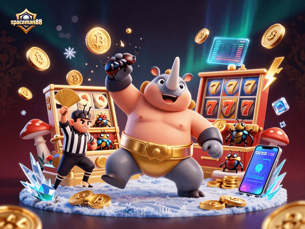 Win big with spaceman88 as the 3D beetle champion stomps coins in a vibrant casino scene