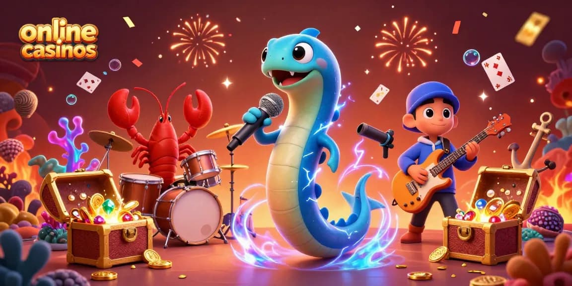 Experience thrilling online casinos with a DJ eel, lobster drummer, and seahorse guitarist in an explosive underwater setting.