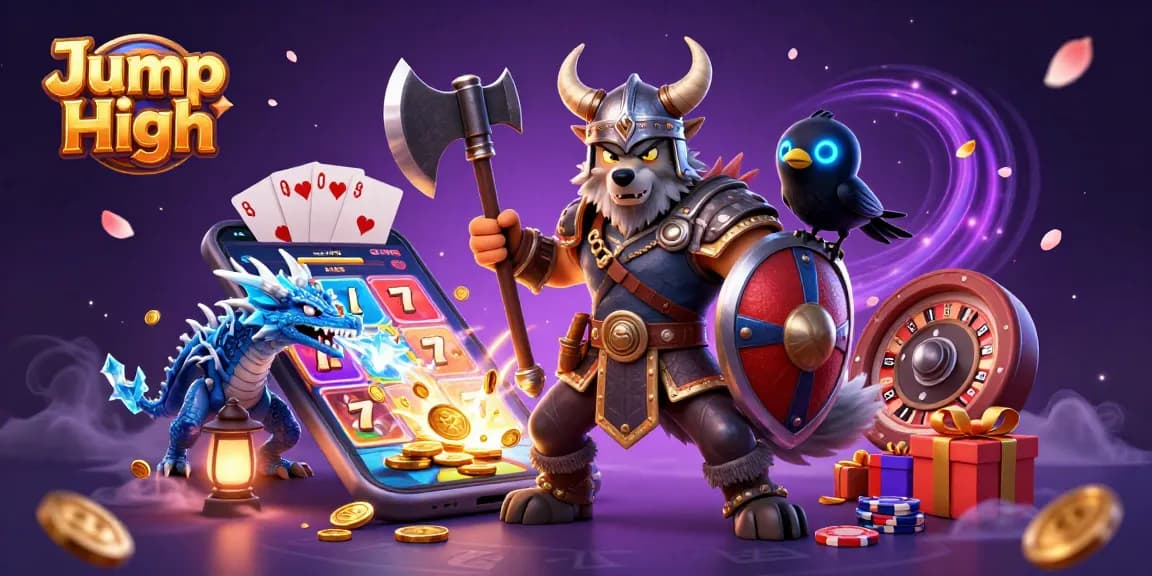 Jump High in a vibrant, action-packed casino scene featuring a Viking wolf warrior, a fierce dragon, and a raven.