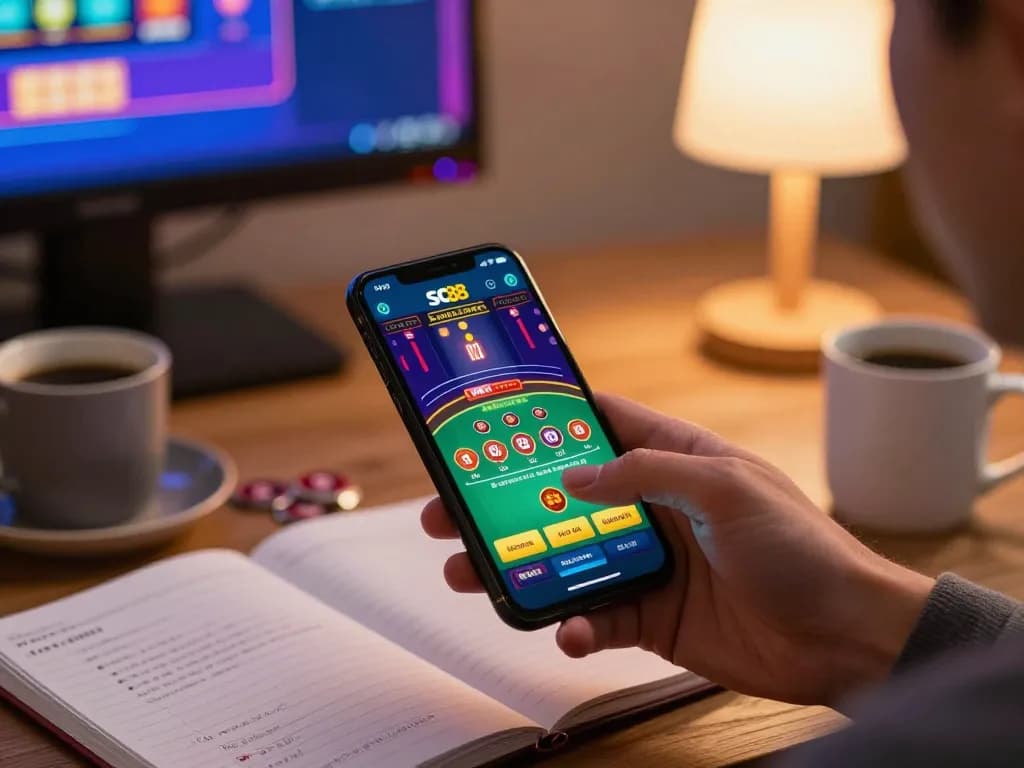 Engaged player exploring sc88 live dealer features on mobile in a cozy home setting.