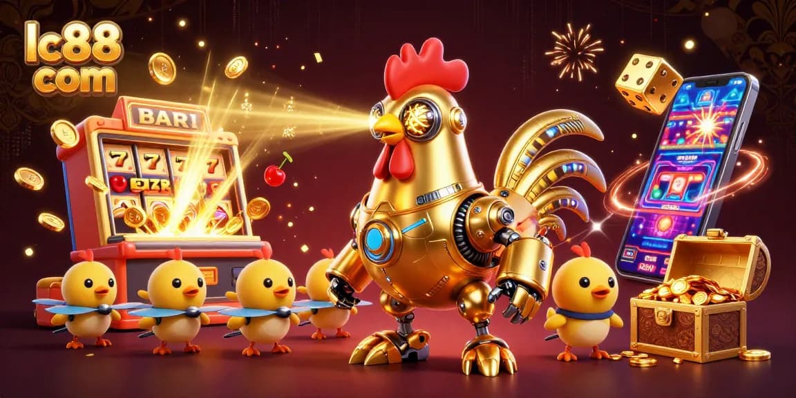Engage with exciting games at lc88 com, featuring a vibrant 3D casino scene with golden rooster robot and slot explosion.