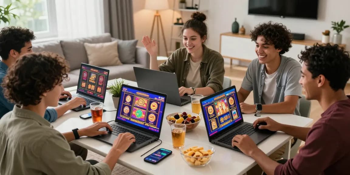 Friends enjoying pajaktoto slot games in a lively home casino setup.