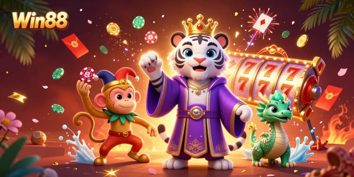 Win88 showcases a vibrant illustration with a tiger, monkey, and dragon amidst lively gaming elements.