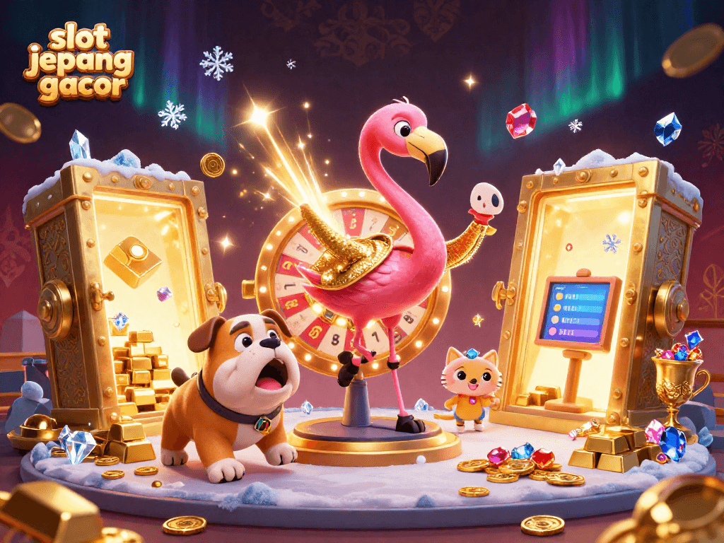 Engage with slot jepang gacor as cheerful characters showcase exciting prizes amidst golden treasures in a dynamic casino scene.