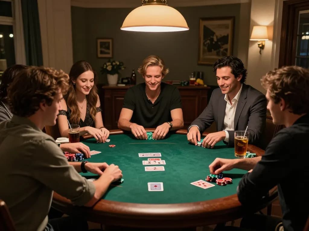 IWIN68 CLUB poker night with friends strategizing at a round table with chips and cards