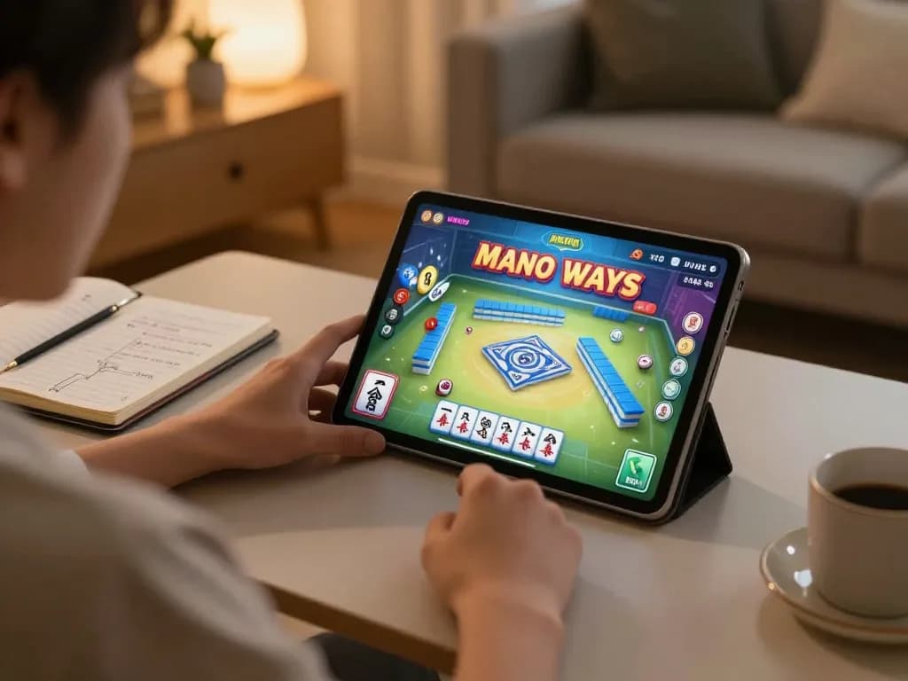 Tempo123 player enjoying Mahjong Ways slot game, portraying a strategic online gaming experience at home.