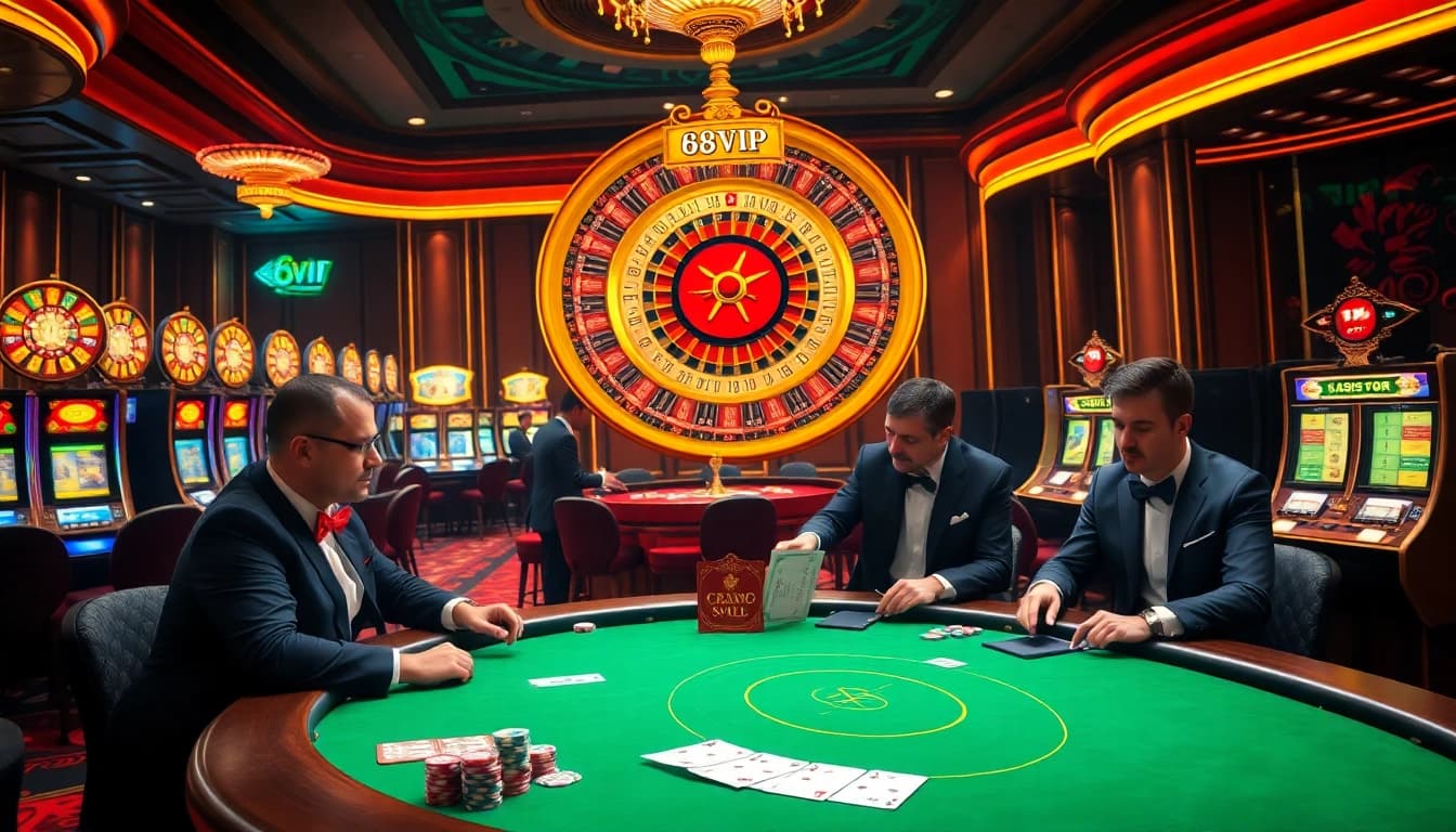 Experience the thrill of 68VIP with players enjoying poker at a luxurious casino table amid vibrant gaming excitement.