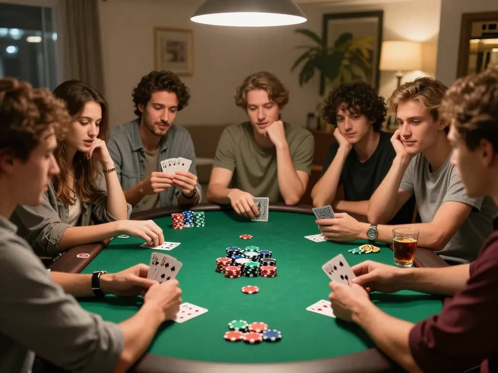 Enjoying a home poker game with friends, featuring intense gameplay showcasing aman788 slot gacor strategies.
