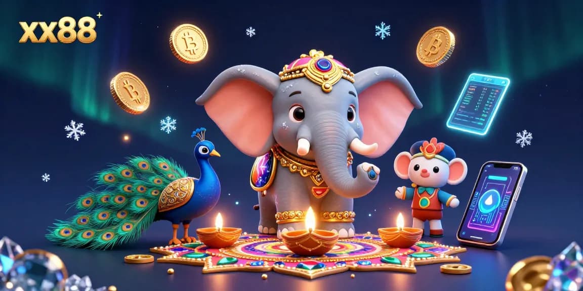 Engage in dynamic betting action at xx88 with vibrant casino elements, including colorful characters and glowing cryptocurrencies.