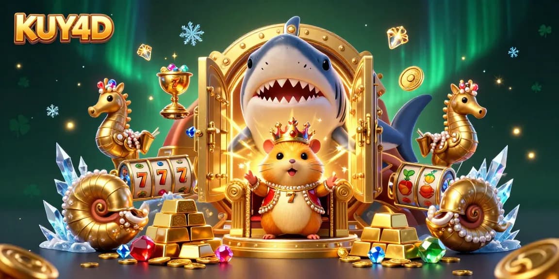 Gambar KUY4D menampilkan raja hamster emas di singgasana gigi hiu megalodon dikelilingi slot dan harta karun