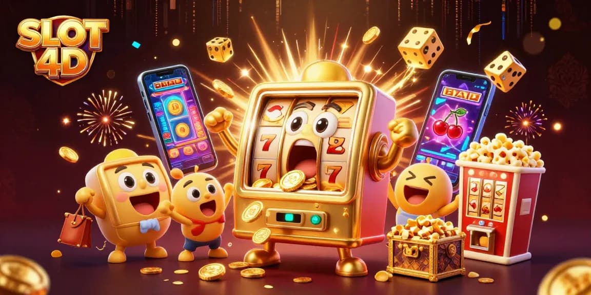 Spin the exciting SLOT 4D with vibrant jackpot coins and cheerful machines in a dynamic casino scene.