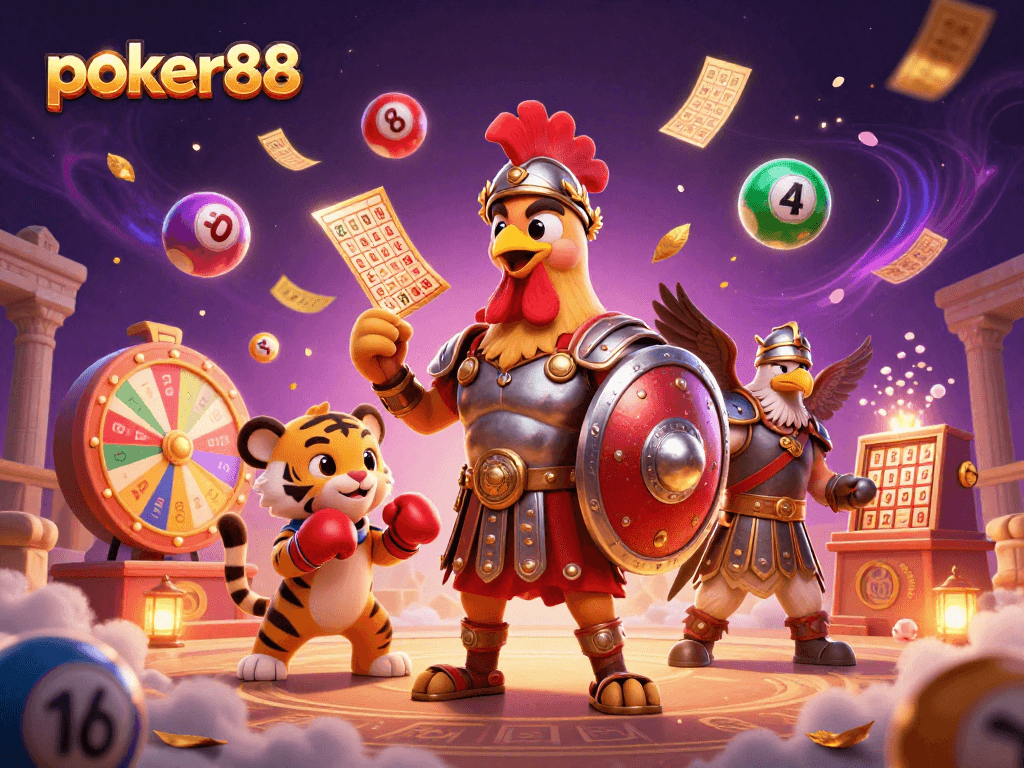 Nikmati keseruan bermain poker88 dengan ilustrasi 3D menggembirakan, menampilkan karakter unik di arena koloseum.