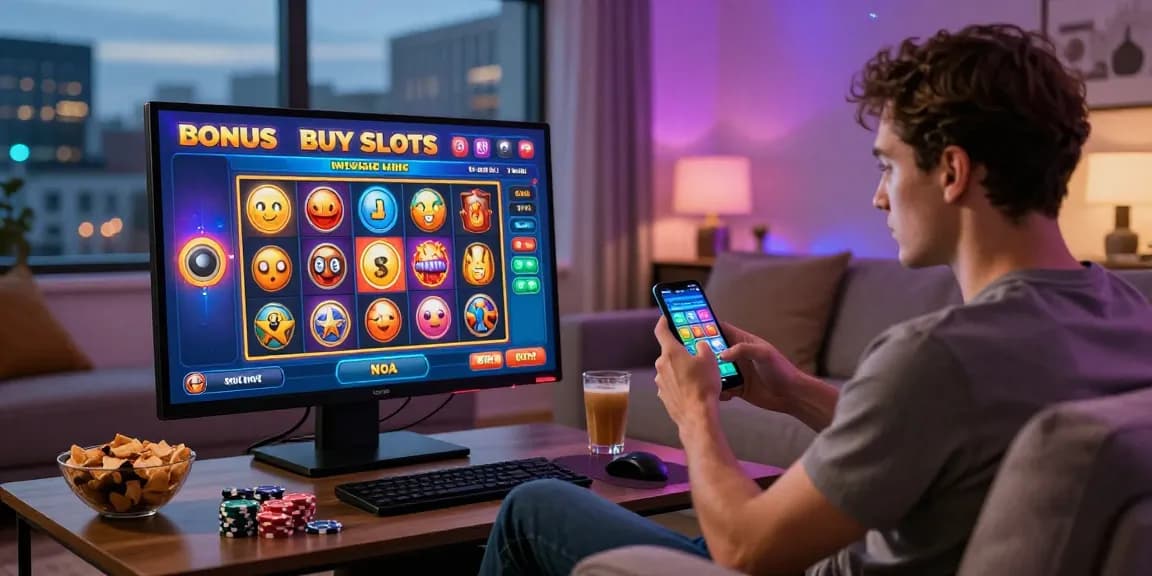 Engaging scene of a player exploring bonus buy slots uk on a smartphone, enhancing online gaming experience.