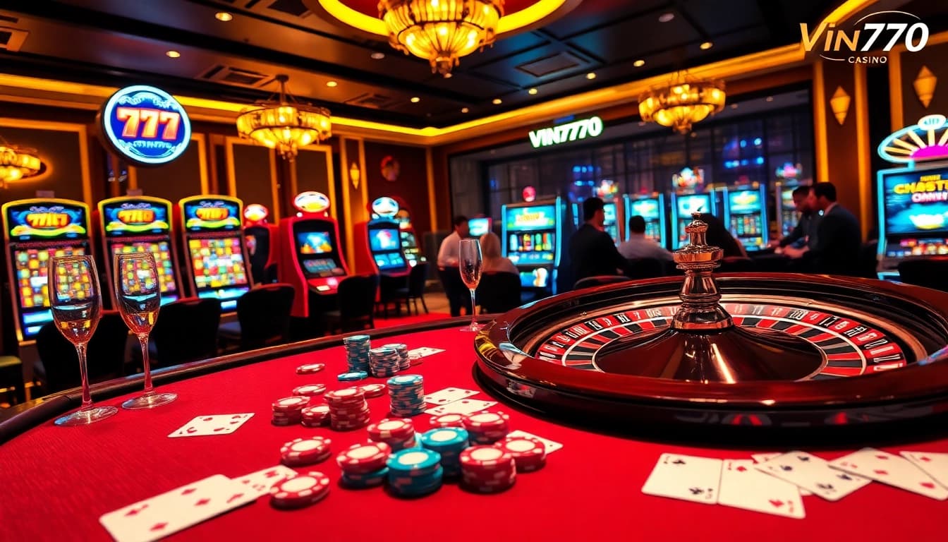 Experience thrilling gameplay at Vin777's lavish casino scene with poker chips, cards, and a roulette wheel.