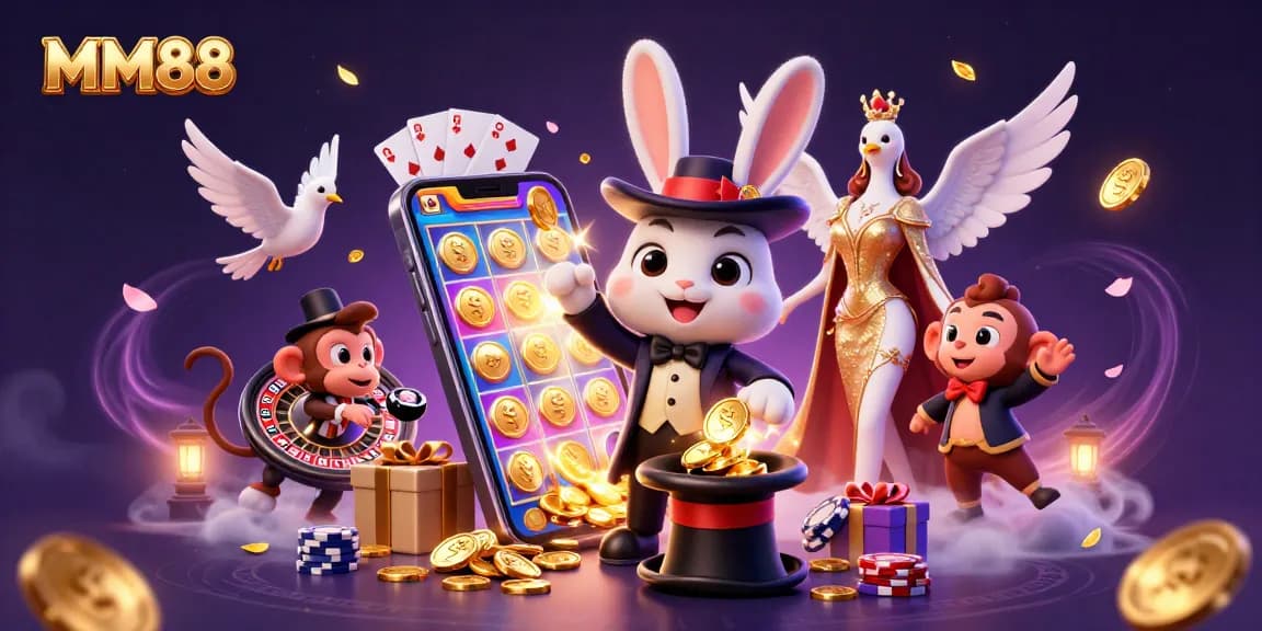 Win exciting rewards at MM88 with our engaging 3D illustration featuring vibrant casino elements.