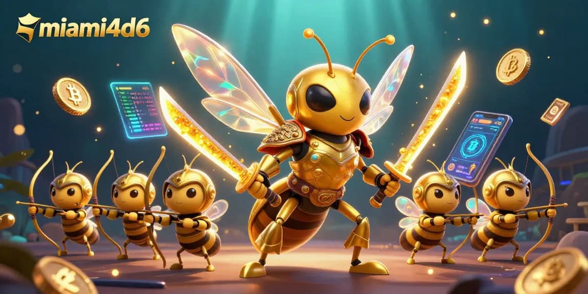 Engage with miami4d6 as a giant golden hornet battles for crypto winnings amidst vibrant game elements.
